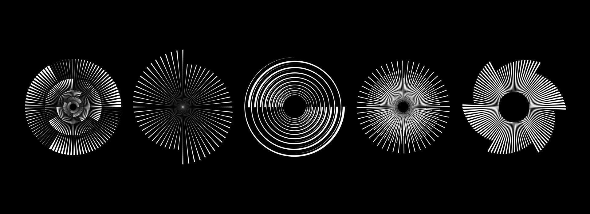 Radial spiral pattern set. Circular spinning speed lines form collection. Rotating circle sound wave concepts. Abstract sunburst ray and beam design element for icon, badge, logo, tag, label. vector