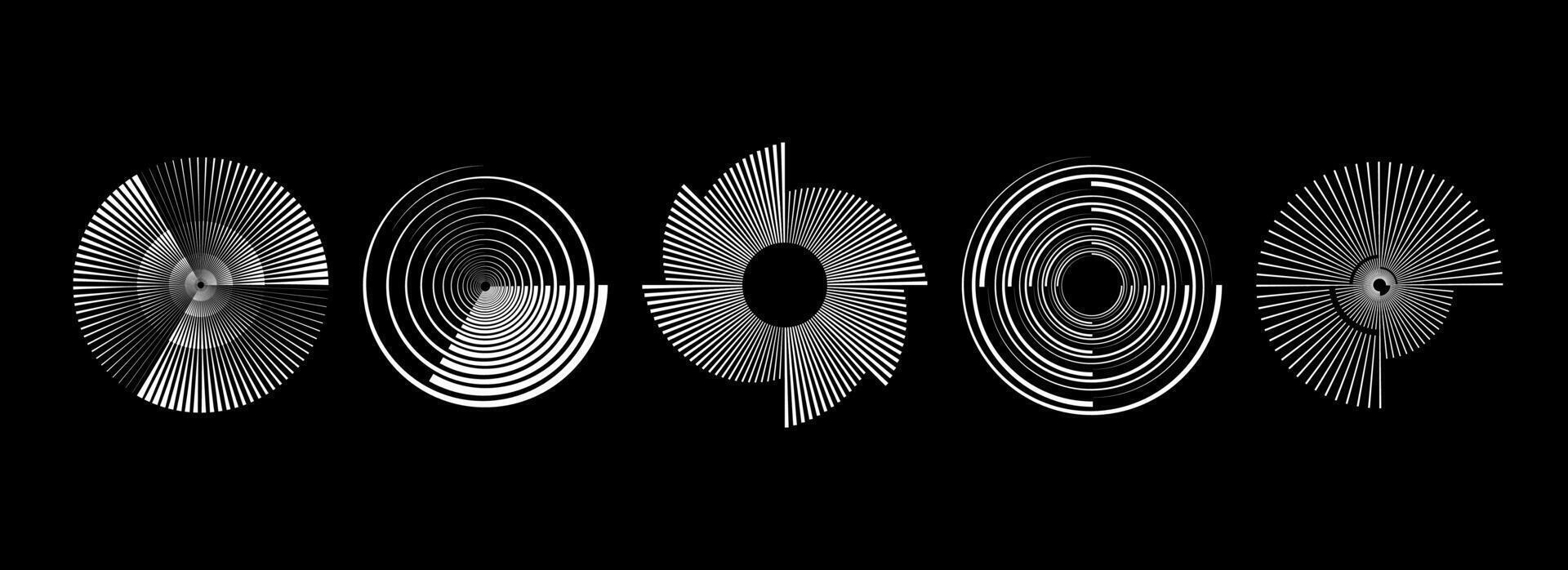Radial abstract spiral pattern set. Rotating circle sound wave concepts. Circular speed line form collection. Sunburst ray and beam design element for icon, badge, logo, tag, label, emblem. vector