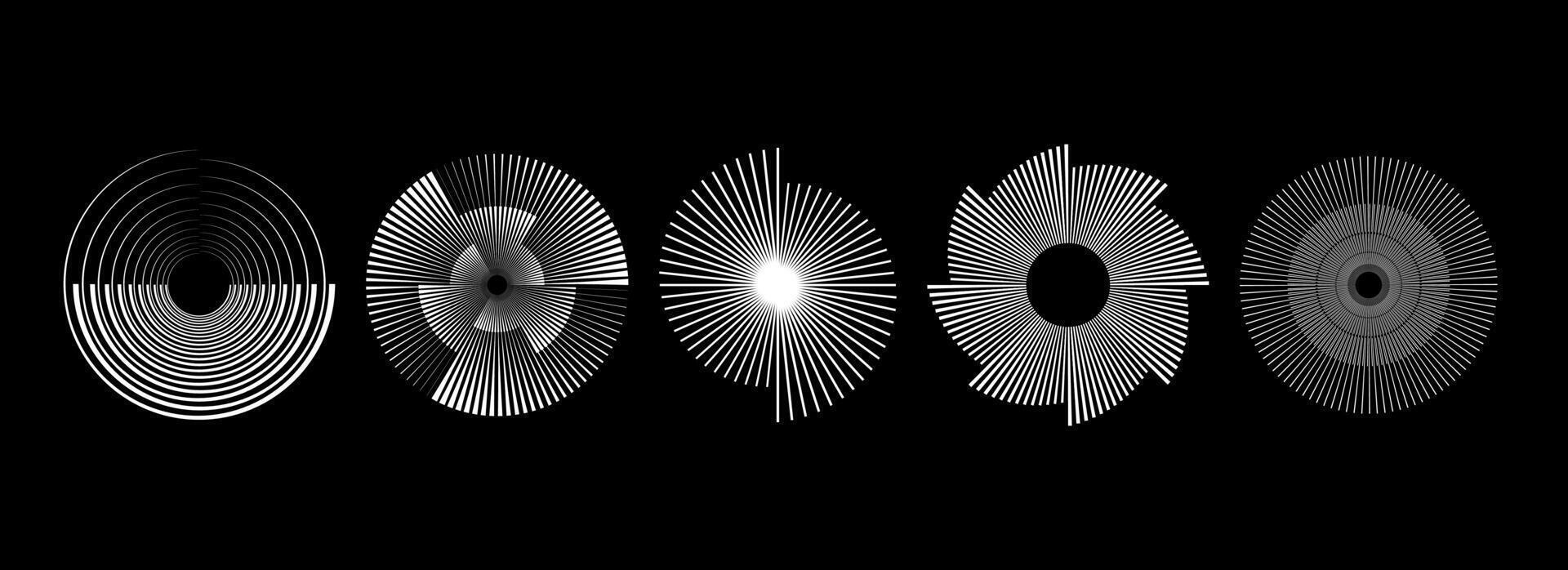 White radial spiral pattern set. Circular spinning speed line form collection. Rotating circle sound wave concept. Abstract sunburst ray or beam element for icon, badge, logo, tag, label. vector