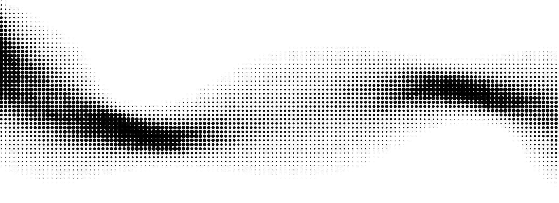Comic halftone wave background. Dotted curved flow wallpaper. Abstract fluid backdrop texture. Black grit pop art swoosh element for poster, banner, overlay, card, brochure, flyer, leaflet. vector