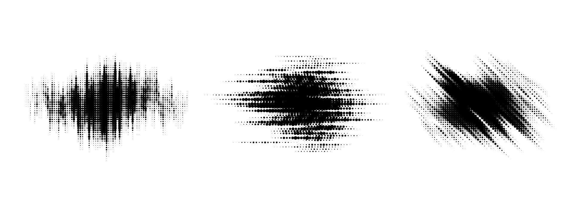 Glitch halftone line element set. Dotted texture geometric form collection. Grunge jagged comic pop art shapes for banner, poster, collage, overlay, label, box. Distressed distorted bundle vector