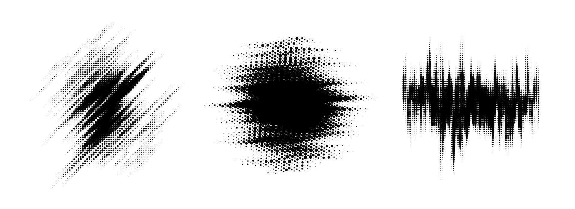 Glitch halftone line element set. Dotted texture geometric form collection. Grunge jagged comic pop art shapes for banner, poster, collage, overlay, label, box, blot. Distressed bundle vector