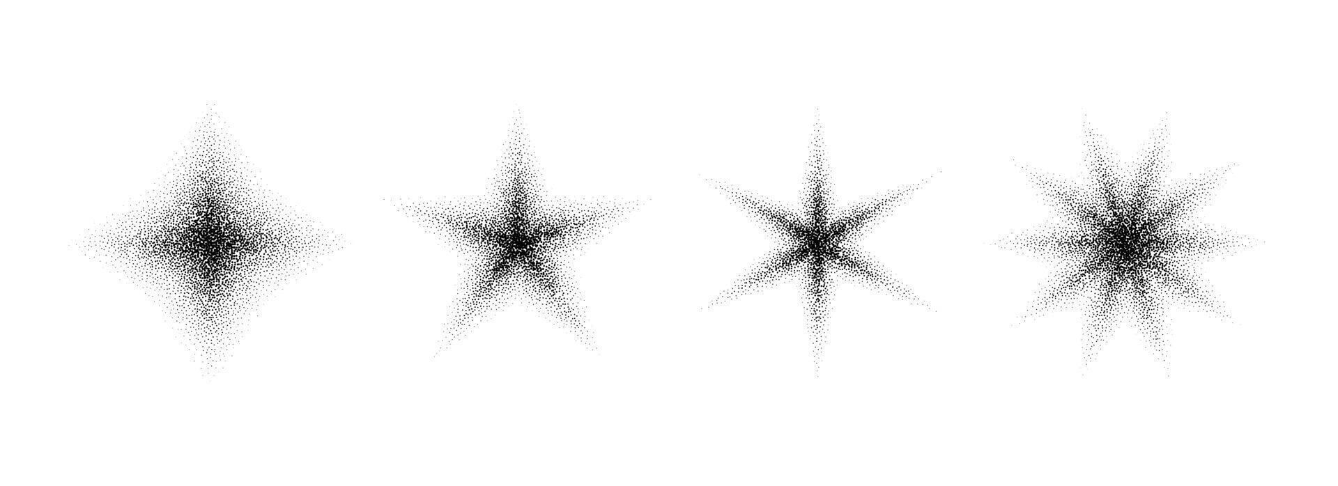 Stipple grain star set. Black noise texture asterisk collection. Halftone glitter sparkles, sparks, twinkles pack for design template, poster, banner, brochure, leaflet. Grey dotted flares vector