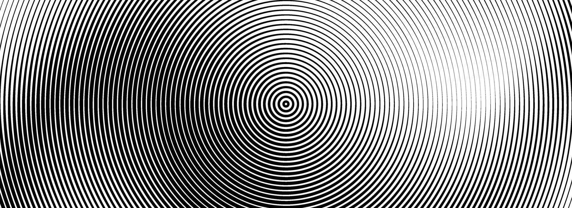 Black concentric circle background. Radial geometric pattern texture. Line epicenter, radar or target concept. Round rippled ring wallpaper for brochure, template, poster, overlay vector