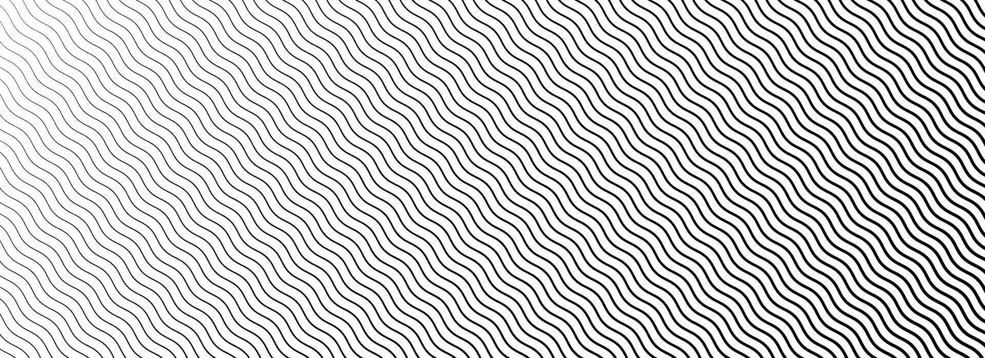 Black curved stripe texture wallpaper. Wave line gradient pattern. Fading wavy linear halftone gradation. Thin to thick zig zag strike background for overlay, print, cover, graphic design. vector