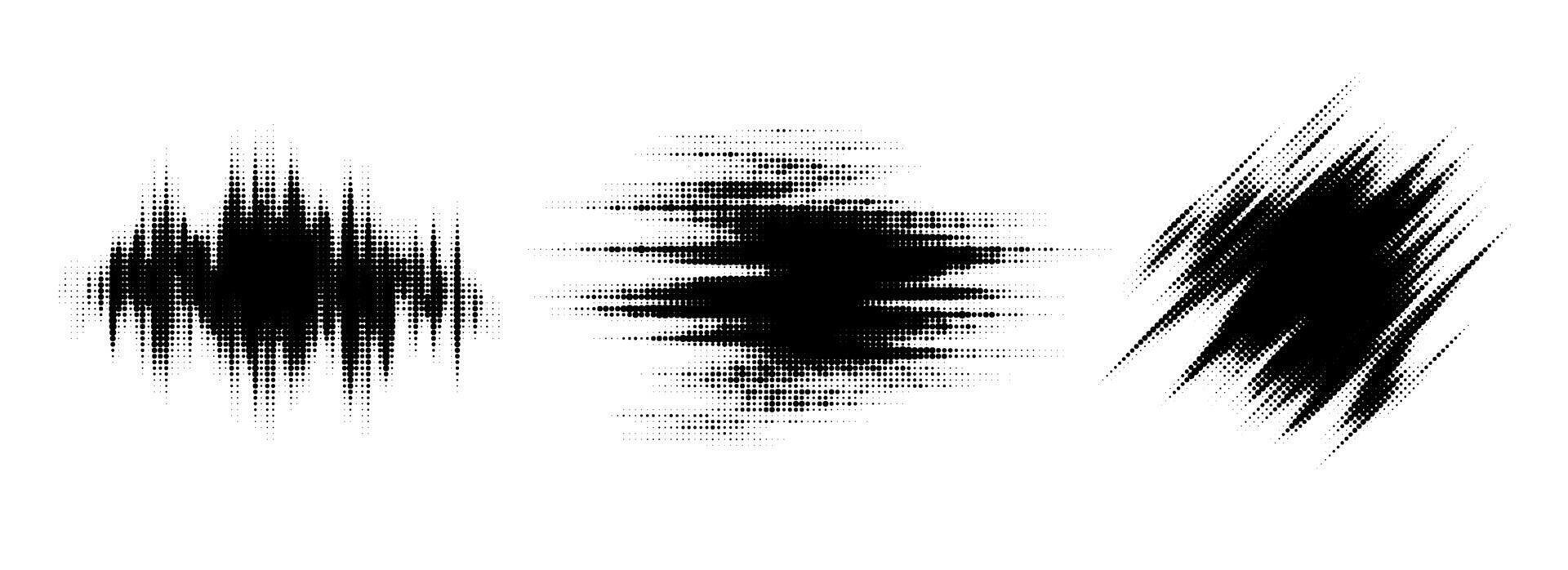 Glitch halftone line element set. Dotted texture geometric form collection. Grunge abstract comic pop art shapes for banner, poster, collage, overlay, label, tag. Distressed distorted bundle vector
