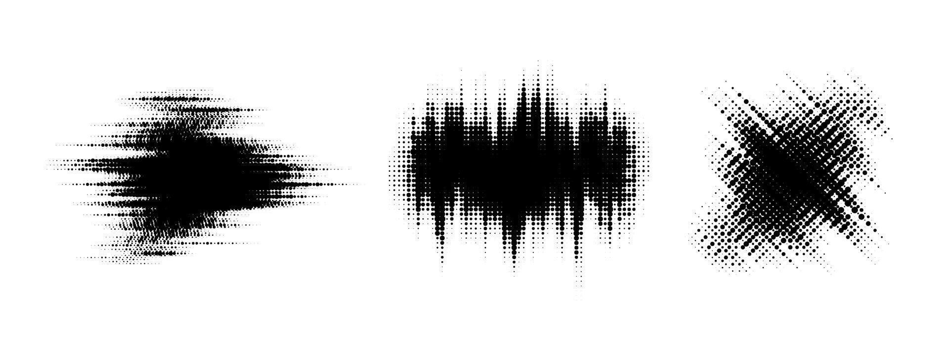 Glitch halftone line element set. Dots texture geometric form collection. Grunge blurry abstract comic pop art shapes for banner, poster, collage, overlay, label, tag. Distressed distorted pack vector