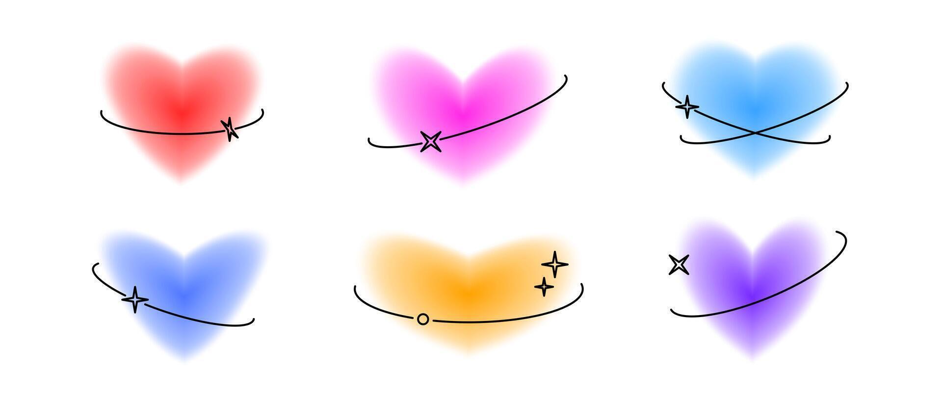 Y2k hearts with decor elements set. Colorful blurry aura shape collection. Blurred smooth gradient with line ellipses for logo, template, badge, sticker, collage, icon. Various heart pack vector