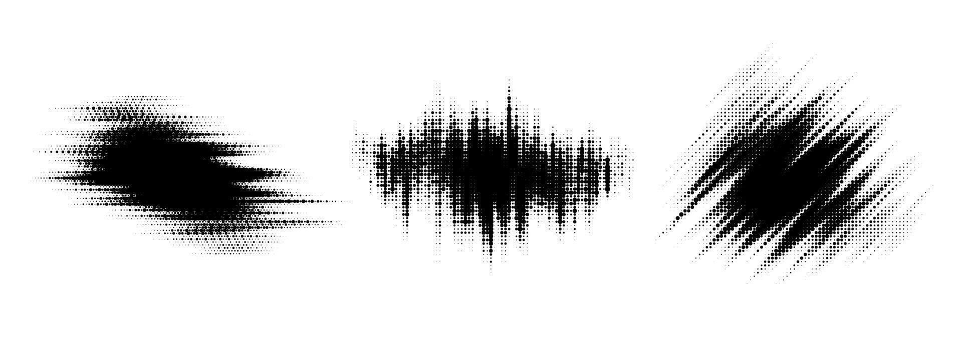 Glitch halftone line element set. Dotted texture geometric form collection. Grunge abstract comic pop art shapes for banner, poster, collage, overlay, label, tag. Distressed distorted pack vector