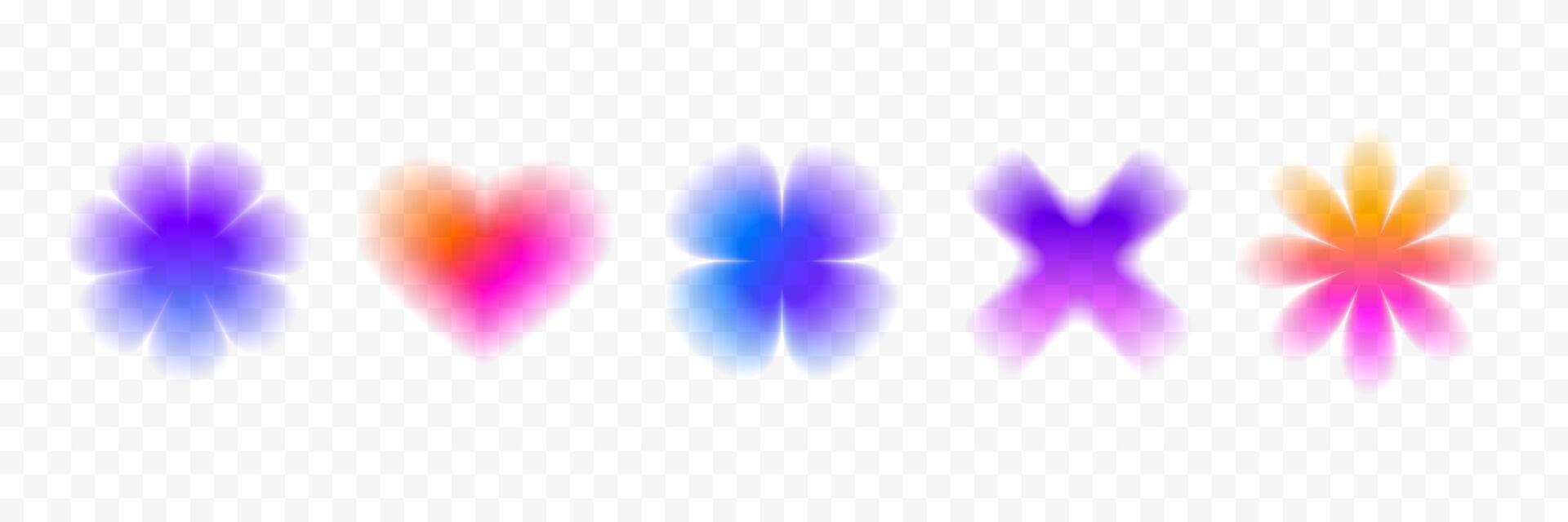 Colorful smooth blurred gradient flower set. Bright blurry aura shape collection. Fading abstract elements for poster, template, badge, sticker, collage. Iridescent flowers and heart pack vector