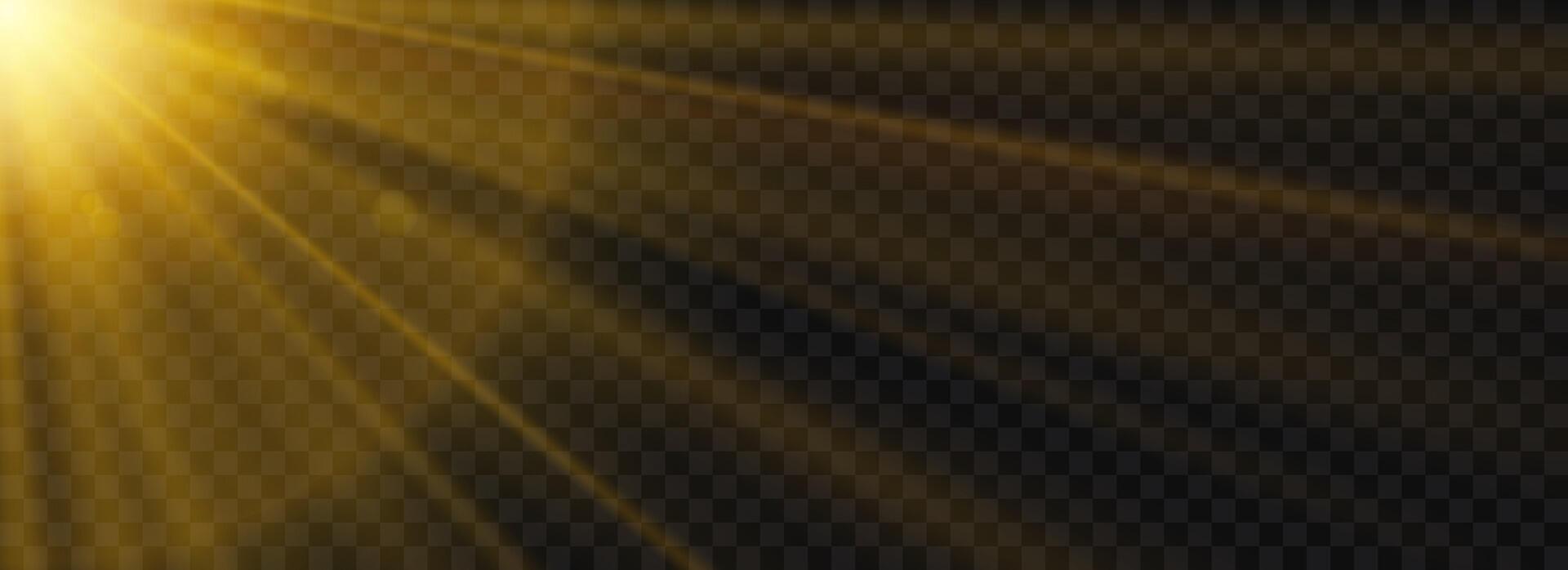 Sun light glare and leak background. Natural light sunburst scene wallpaper for banner, mockup, template, overlay, poster. Bright sunshine light rays and beams on dark backdrop. vector