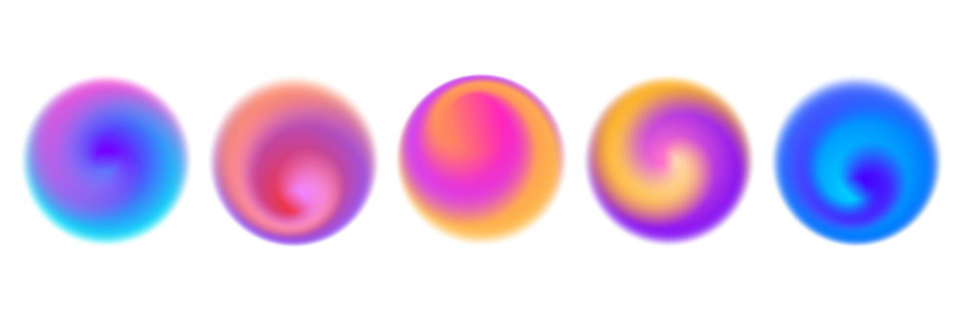 Bright colorful swirl gradient set. Round blur vortex background collection. Iridescent radial blurry shape pack for poster, banner, leaflet, brochure. Neon fading circular aura element bundle vector
