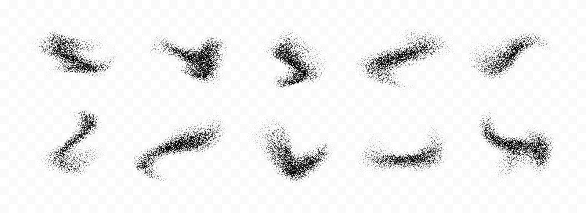 Black powder splash collection. Grunge grain spray texture set. Dotted curved smudged brush stain pack. Sand noise splattered overlay bundle. Abstract stippled fluid grain gradient shapes. vector