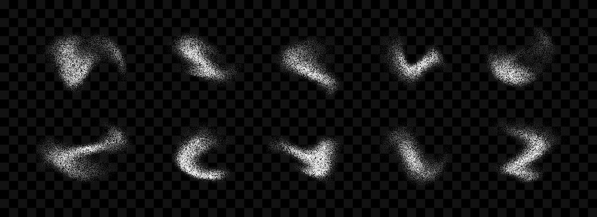White powder splash collection. Grunge grain spray texture set. Dotted curved smudged brush stain bundle. Sand noise splattered overlay pack. Abstract stippled fluid grain gradient shapes. vector
