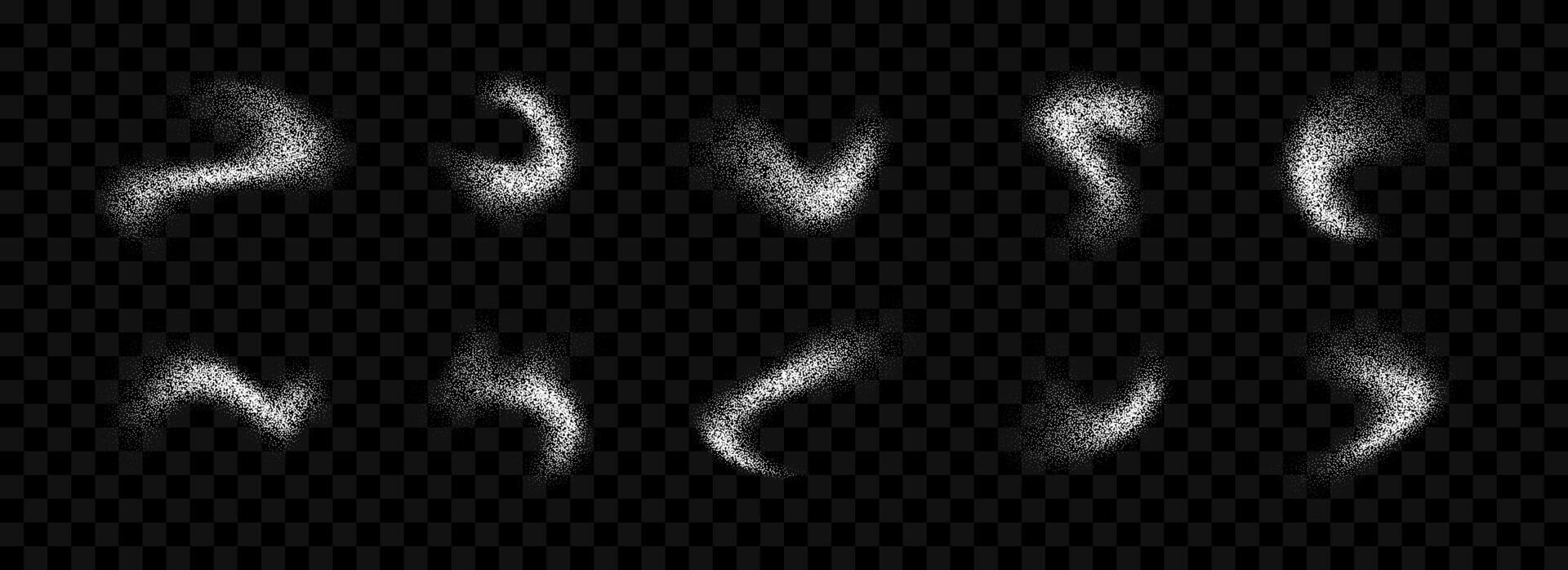White powder splashes collection. Grunge grain spray texture set. Dotted curved smudged brush stains pack. Sand noise splattered overlay bundle. Abstract stippled fluid grain gradient shapes. vector