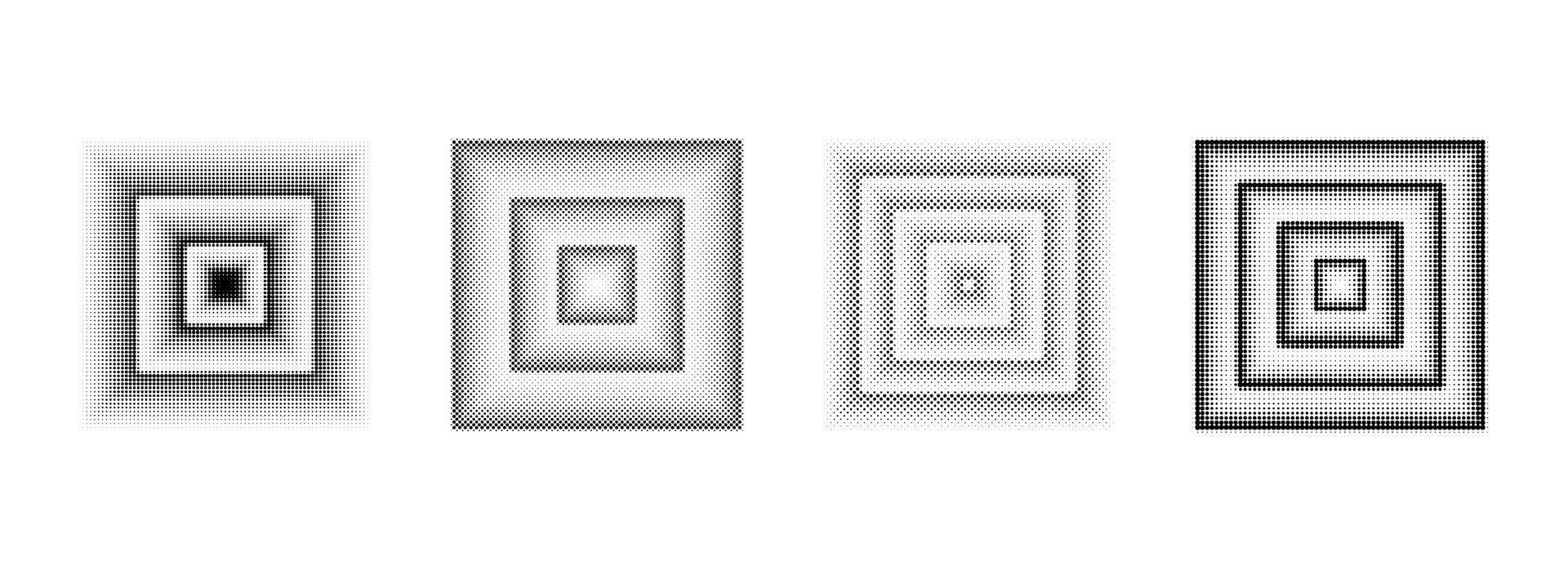 Halftone dotted square set. Black comic texture rectangle collection. Pixelated design elements collection. Abstract geometric bitmap background pack. Dithered overlay bundle vector
