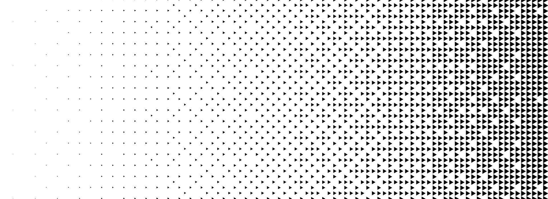 Fading triangle halftone gradient texture. Abstract geometric 8 bit background. Tech triangular binary gradation pattern. Vanishing dither arrow wallpaper for poster, banner, booklet. vector