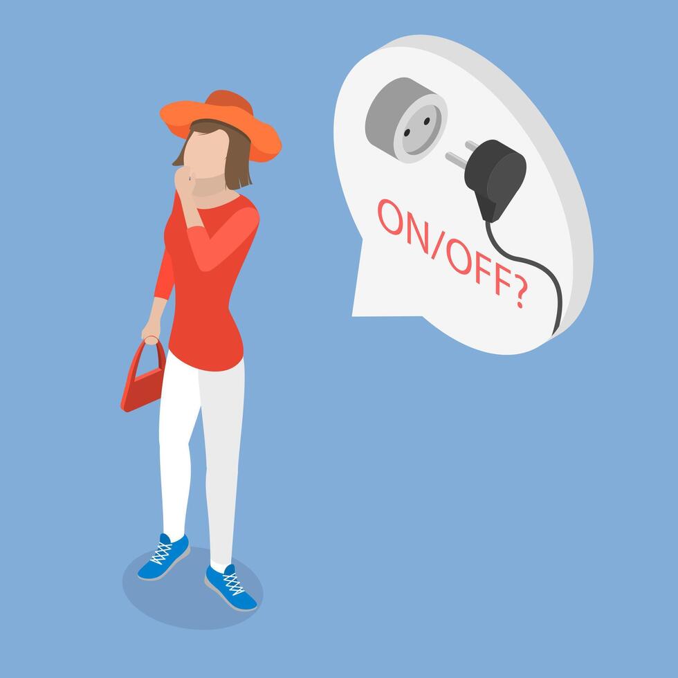 3D Isometric Flat Illustration of Memory Issues, A Person Unsure If Electrical Device Is Turned On Or Off vector