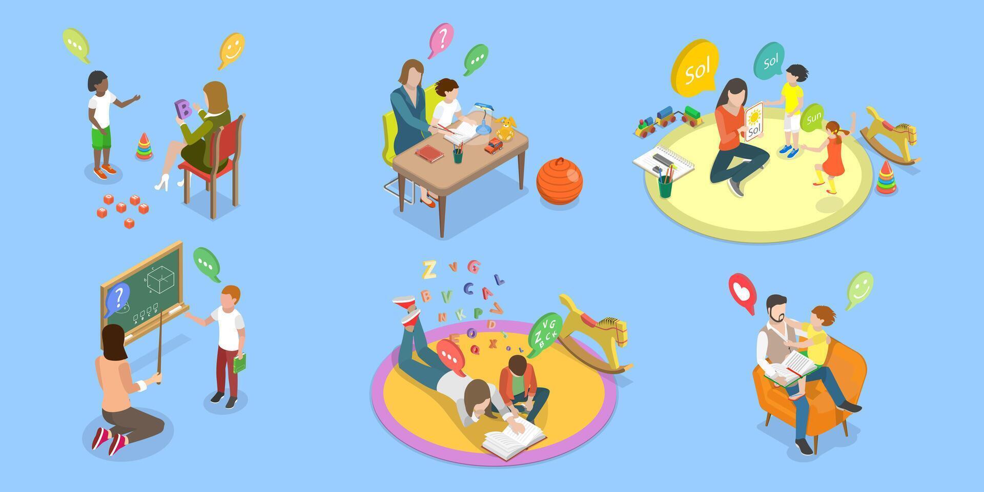 3D Isometric Flat Set of Parents Learning with their Kids, Engaging In Educational Activities Together vector
