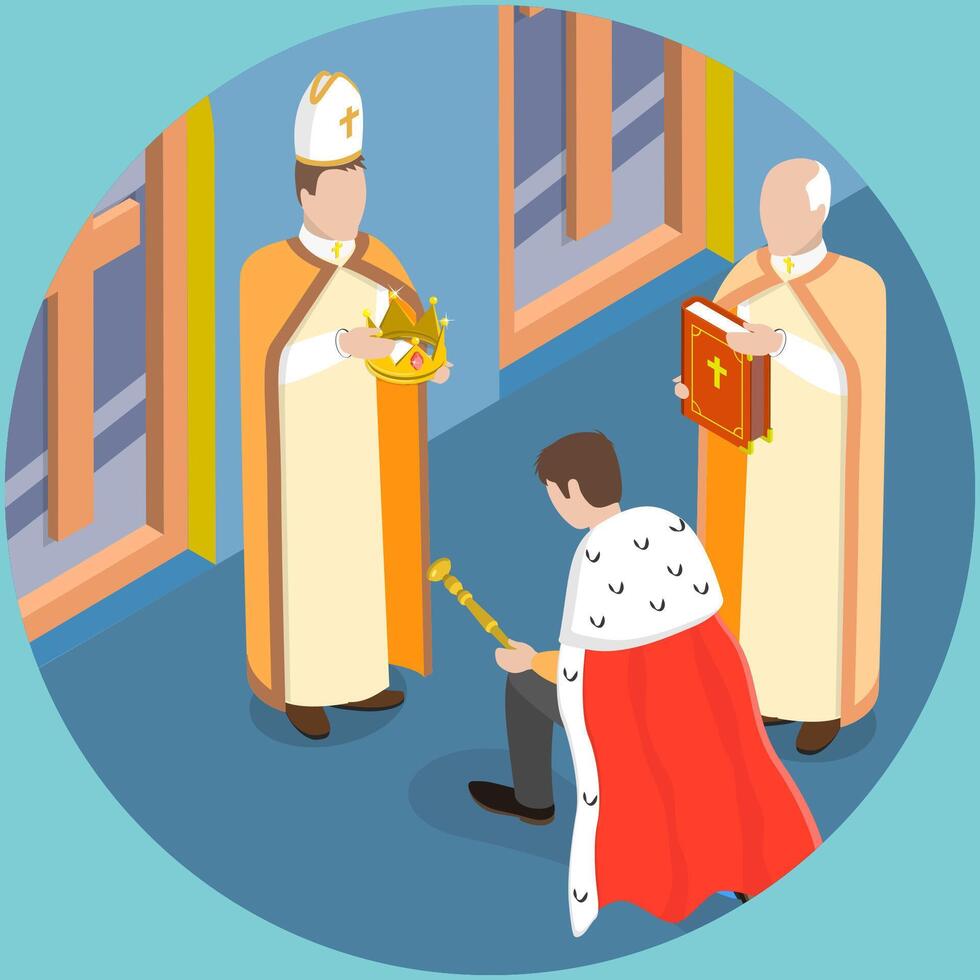 3D Isometric Flat Illustration of Coronation Ceremony, Royal Character Kneeling At Ceremony, Crowned By Bishop vector