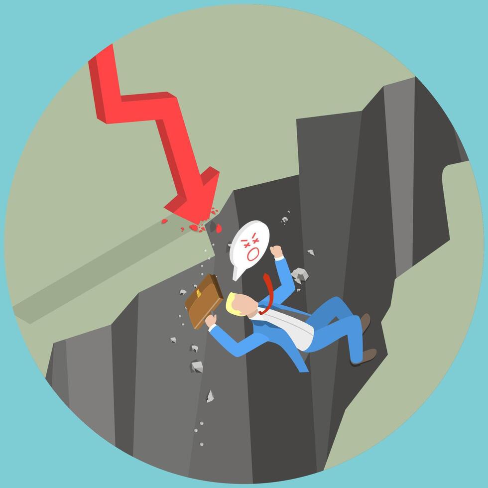 3D Isometric Flat Illustration of Business And Financial Crisis, Economy Collapse vector