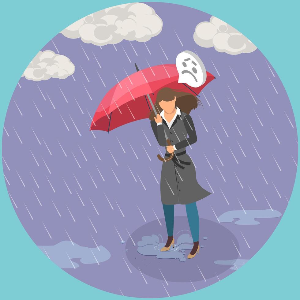 3D Isometric Flat Illustration of Cold Bad Weather, Discontent Young Woman Seeking Refuge Under Umbrella During Rainstorm vector