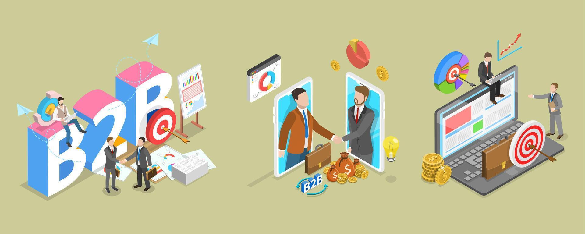 3D Isometric Flat Illustration of B2B, The Practice Of Business-To-Business Transactions vector