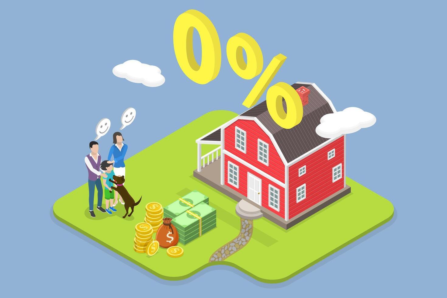 3D Isometric Flat Illustration of Home Loan, Zero Percent Refinancing vector