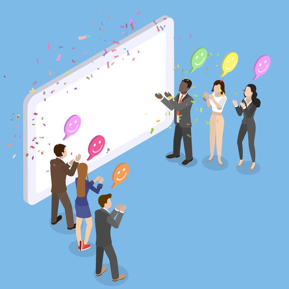 3D Isometric Flat Illustration of Smiling People Clap Hands and Welcoming, Effective Marketing Strategies vector