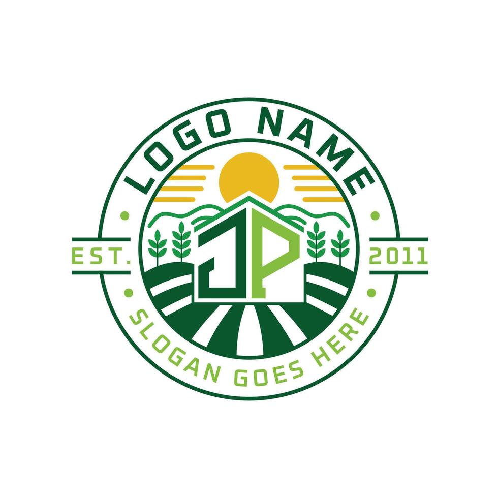 Modern Farmhouse JP Logo Design. Letter JP Agriculture Logo with Sun, Field, and Nature Elements vector