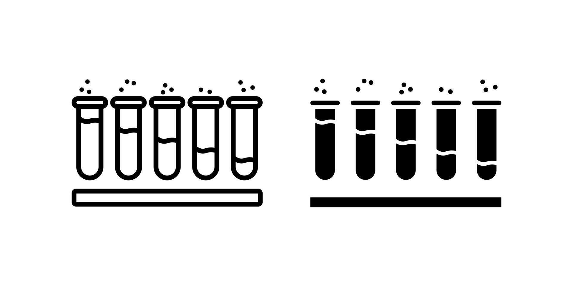 Chemical icon set. Clean and minimalist design of test tubes in a rack, presented in both outline and solid styles for versatile use in scientific, medical, or educational contexts. vector
