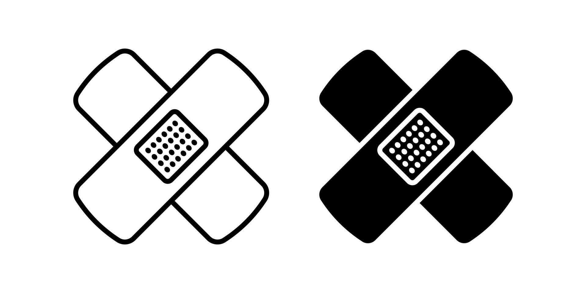 Bandage icon set. Simple illustration of two crossed bandage or plaster, first aid kit, medical care in outline and filled style, black and white color. vector