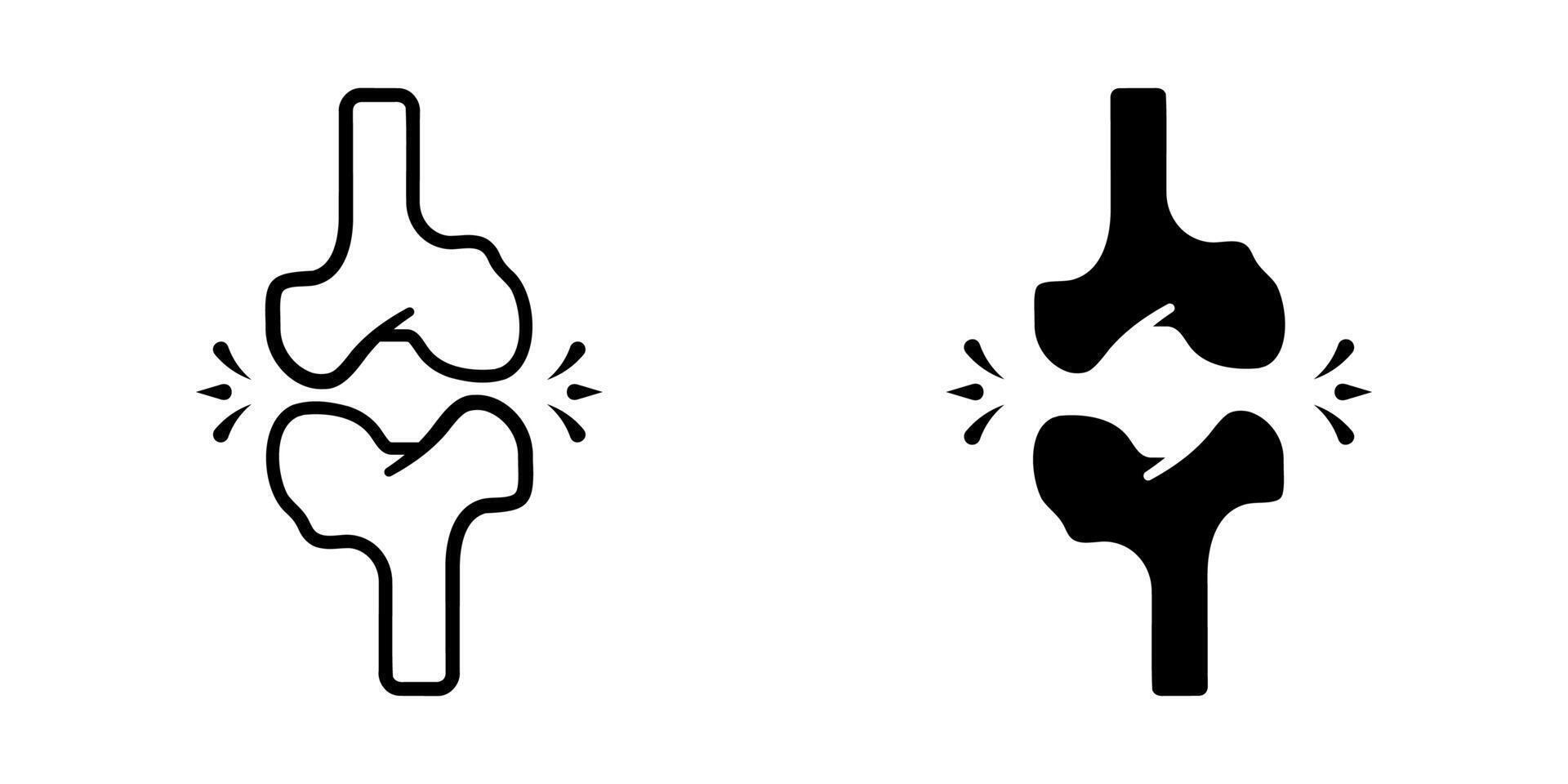 Bone icon set. A simple outline illustration of a knee joint with a pain symbol. Represents knee pain, arthritis, joint problems, and related medical conditions. vector