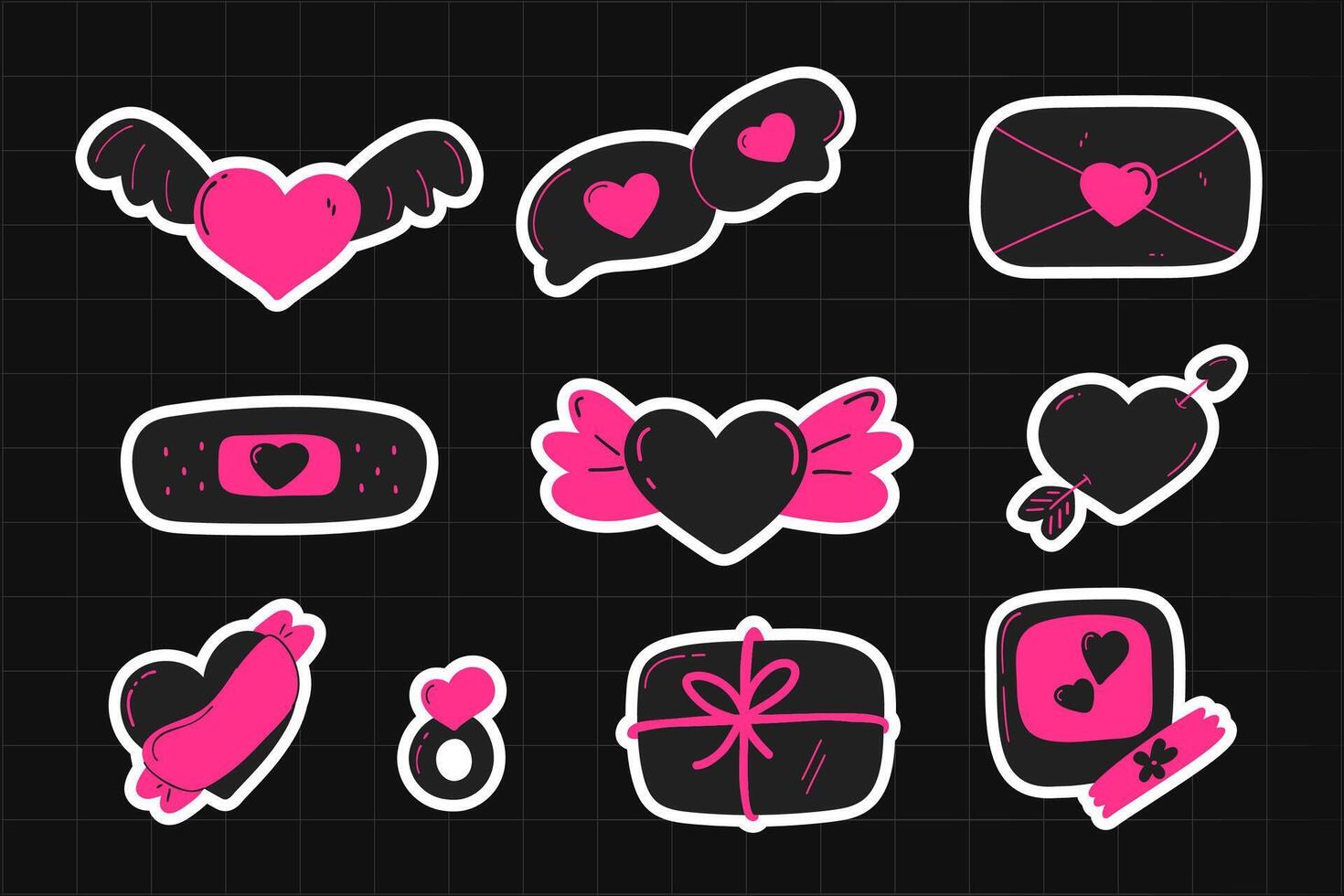 Cute emo style love sticker. Hearts, wings, gift box, speech bubble, photo frame, mail, ring, band aid and ribbons. Bold and edgy Y2K set. Perfect for Valentine's Day designs or alternative fashion. vector