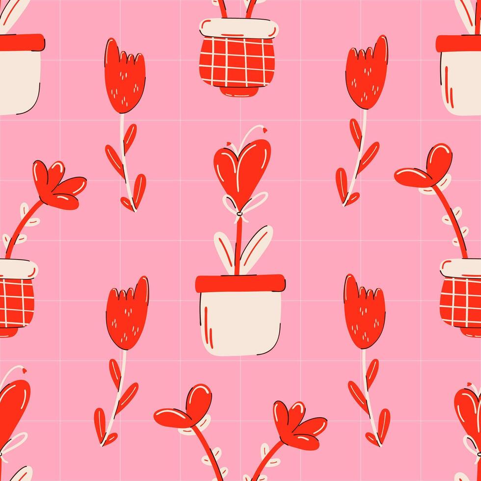 Seamless pattern with red flowers in pots on a pink checkered background. Cute hand drawn doodle. Perfect for Valentine's Day designs, gift wrapping, romantic projects. vector