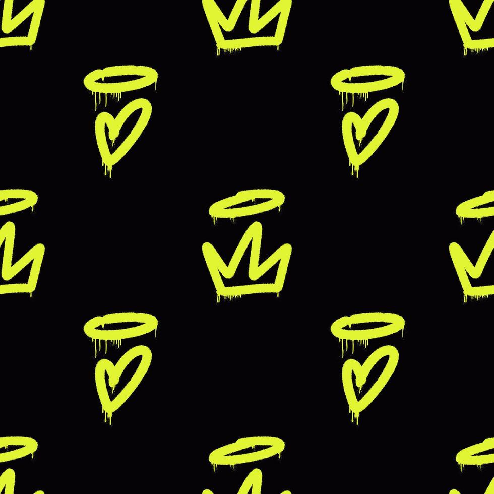Trendy Y2K acid graffiti seamless pattern. Neon yellow crowns and hearts with halos on a black background. Perfect for streetwear, urban design, digital wallpapers, and edgy creative projects. vector