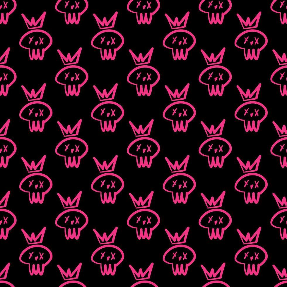 Seamless pattern in a graffiti style with pink skulls wearing crowns. Edgy Y2K aesthetic perfect for streetwear, alternative fashion, textiles, wallpapers. vector