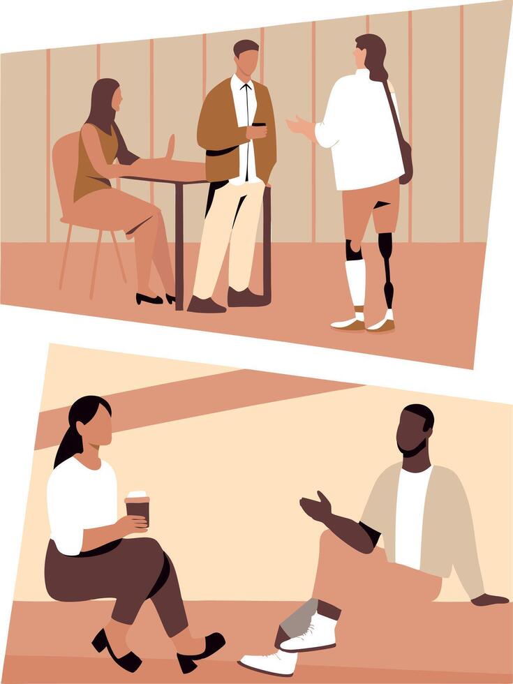 Group of diverse individuals engaging in conversation at a modern cafe, showcasing social interaction, creativity, and community in a vibrant, inviting atmosphere vector