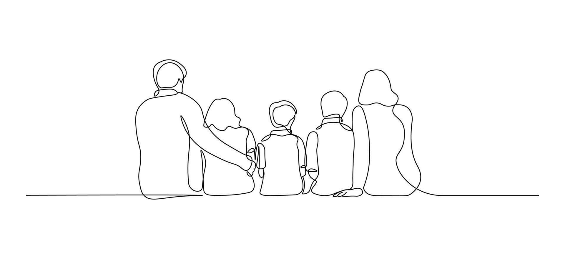 Happy Family with Three Children. Continuous Line Art of Joyful Parents and Kids Sitting Together vector
