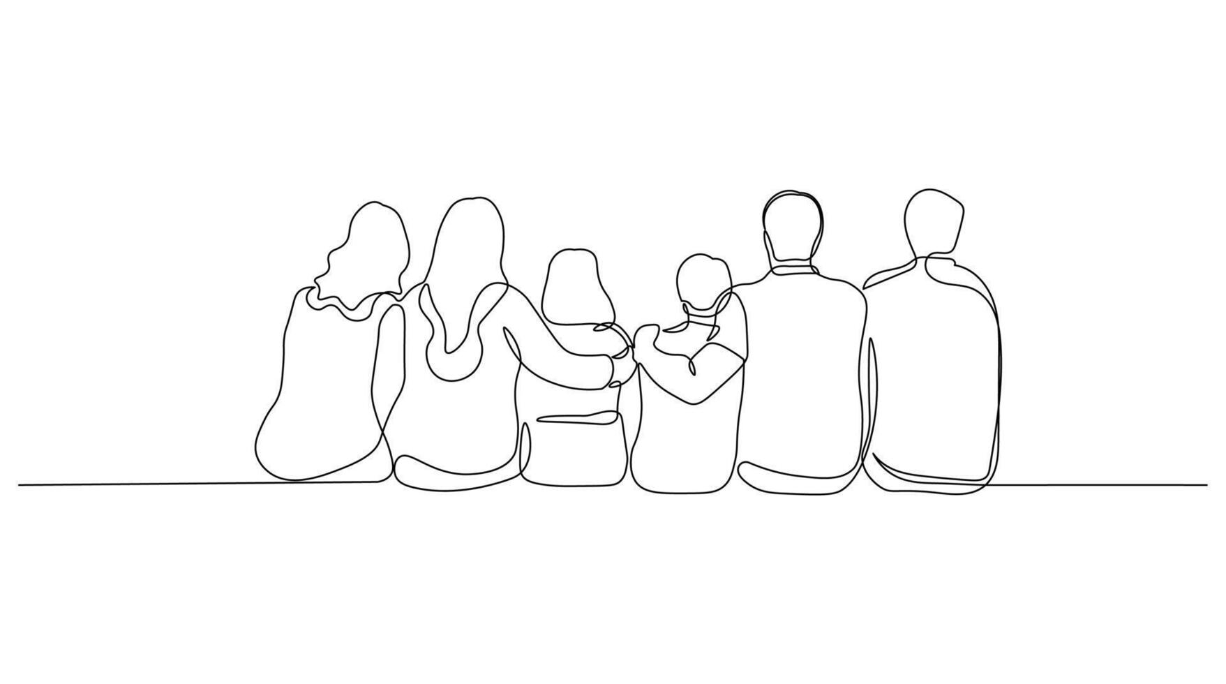 Happy Multi Generation Family Sitting Arm in Arm. Continuous Line Art of Togetherness and Love vector