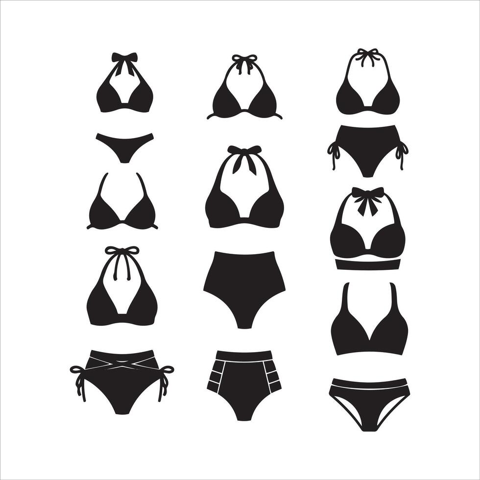 Collection of black silhouette bikini tops and bottoms for beachwear vector