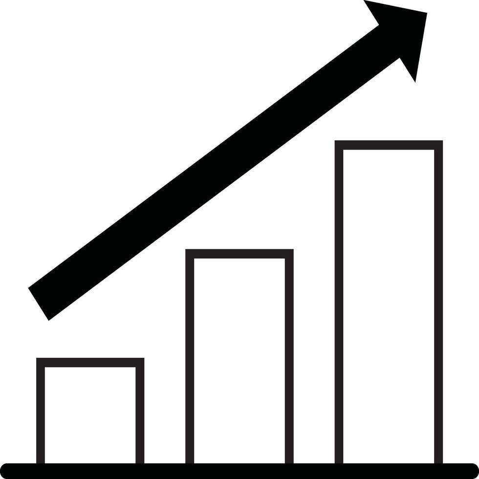 Minimalist black and white illustration featuring a bar chart with an upward arrow, symbolizing growth, positive progress, or business success. vector