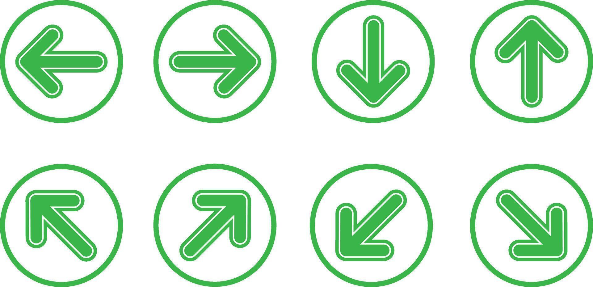 Set of Green Directional Arrows in Circular Symbols in Various Orientations vector