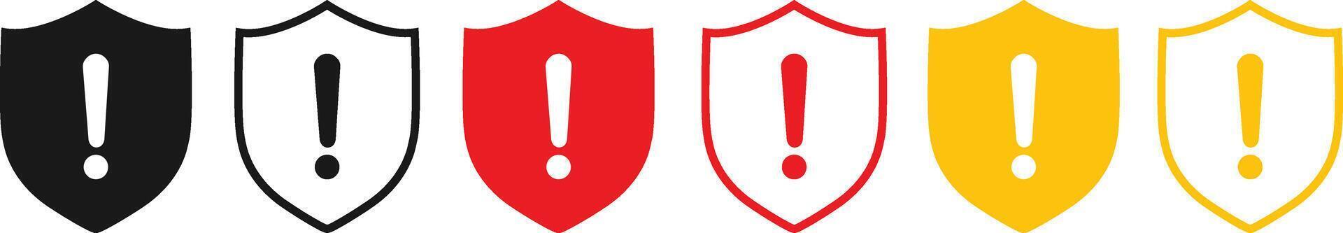 Alert Shield Icon Set . Five Warning Symbols Featuring Central Exclamation Marks in Black, Red, and Yellow Shield Silhouettes on White Background vector