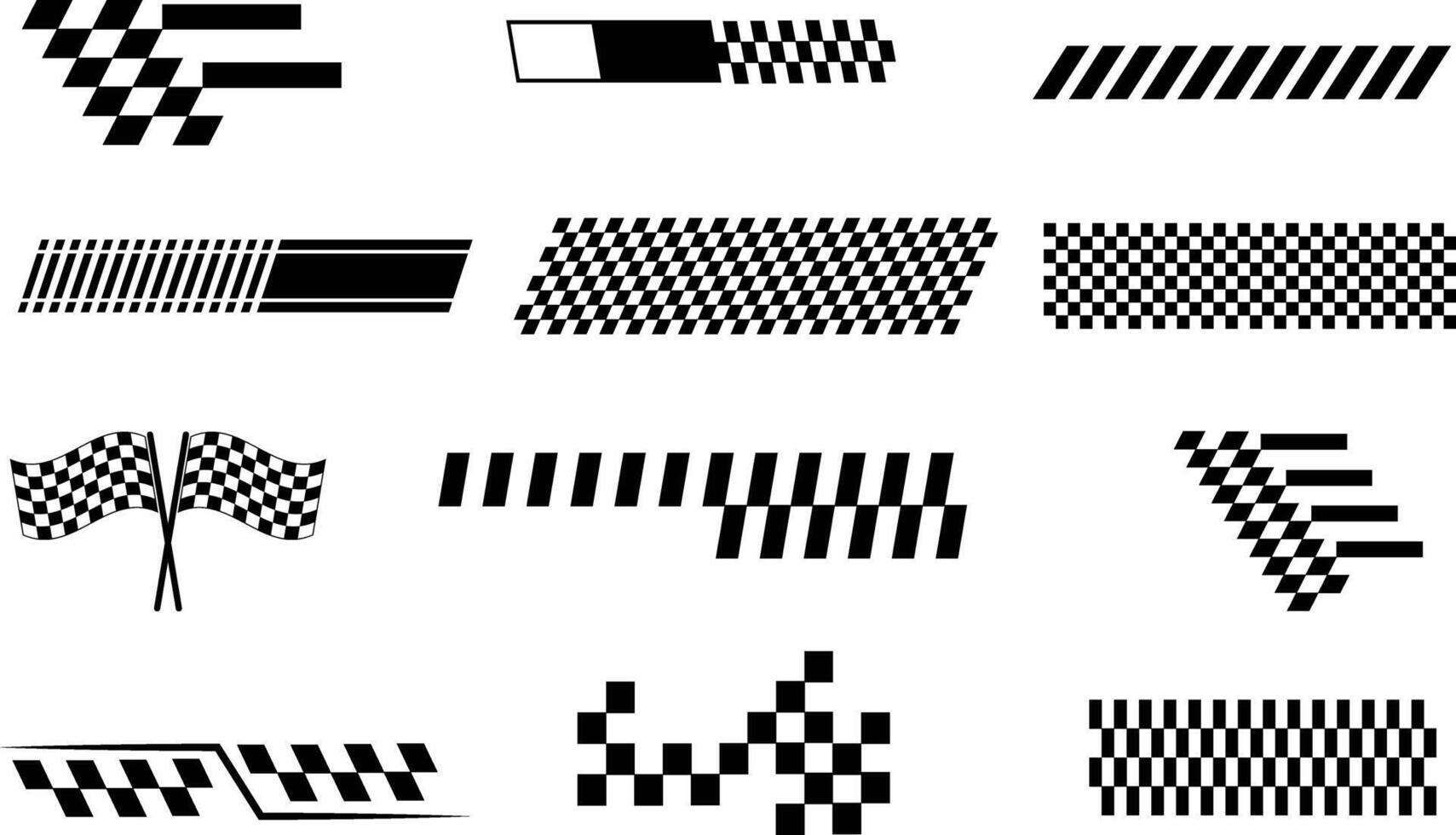 Set of Black and White Checkered Racing Flag Icons .Diverse Shapes, Orientations, and Geometric Patterns Illustration vector