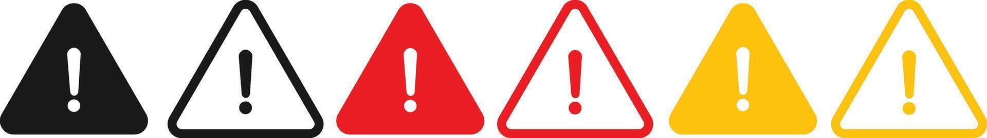 Warning Sign Icon Set . Triangular Exclamation Mark Symbols in Black, Red, and Yellow Silhouettes for Hazard and Alert Graphics on White Background vector