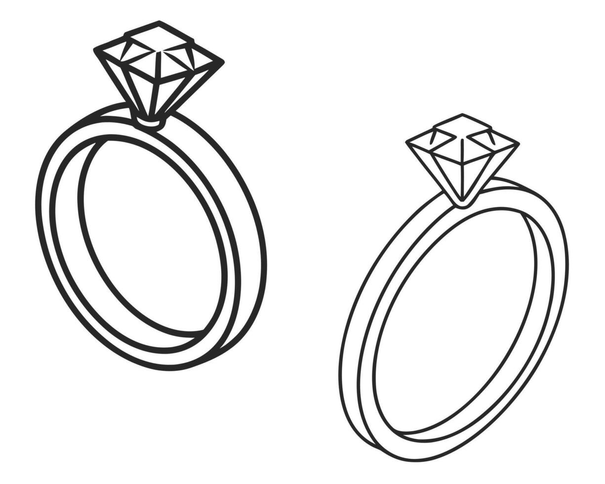 Two elegant outline illustrations of diamond engagement rings perfect for wedding design concepts vector