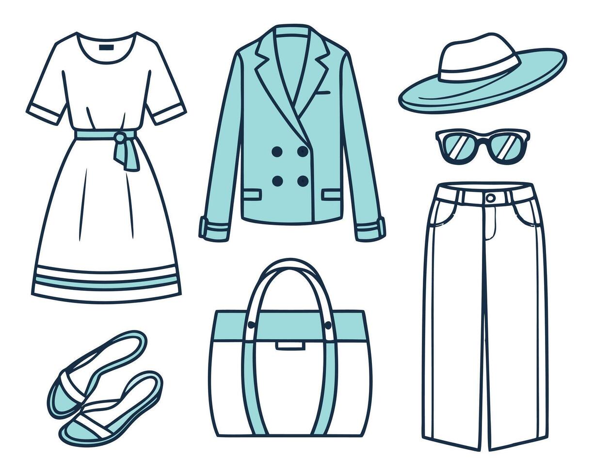 illustration of women's fashion items including dress blazer sunglasses and handbag vector