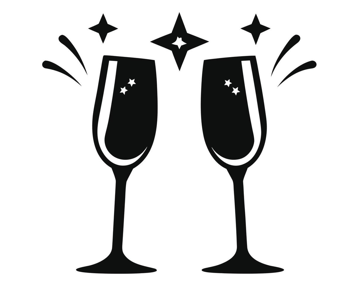 Black and white illustration of two champagne glasses toasting for celebration or festive events vector