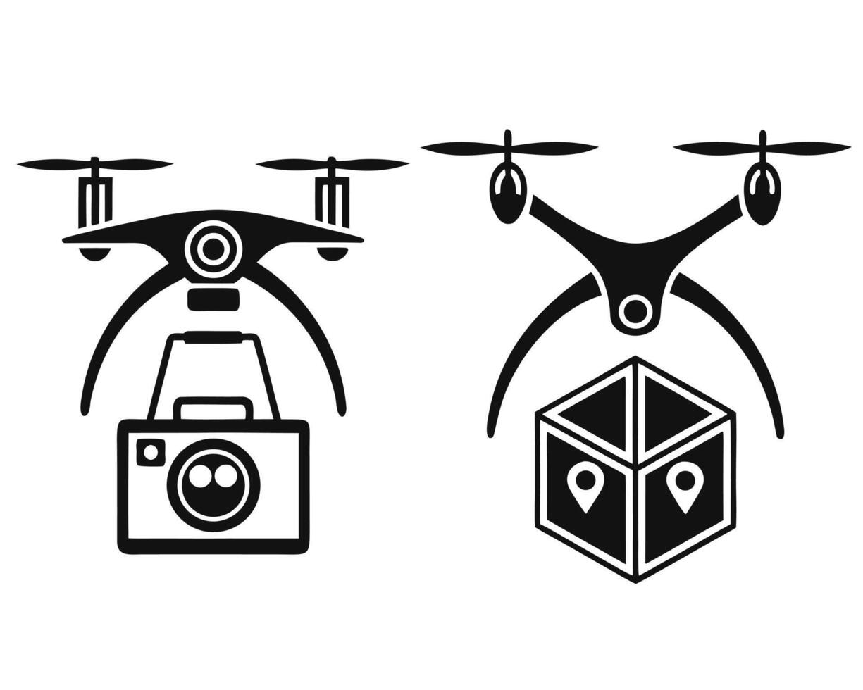 illustrations of two different drones carrying a camera and delivering a package. vector